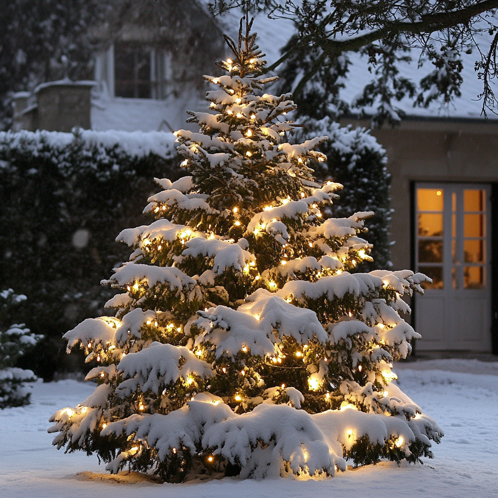 sapin de noel eclaire dans jardin
